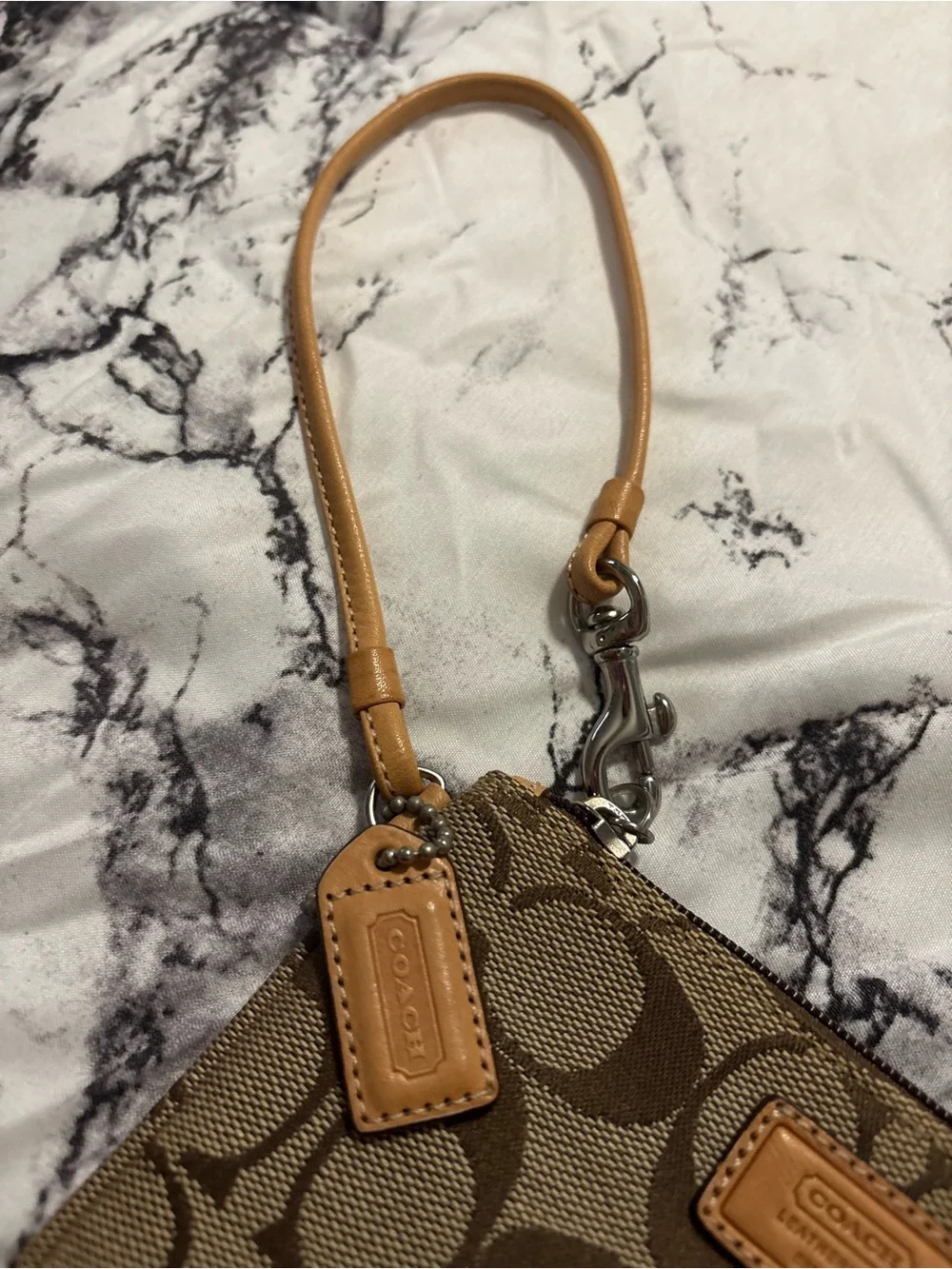 Coach Brown Signature Canvas Wristlet with Tan Leather Trim